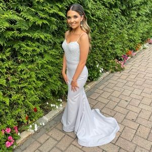 Portia and Scarlet Gray Lace Gown with Horse Hair Train